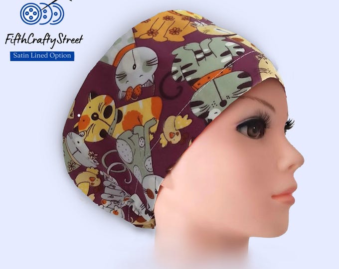 Euro Scrub Caps - Satin Lined option - Adjustable - Cats -