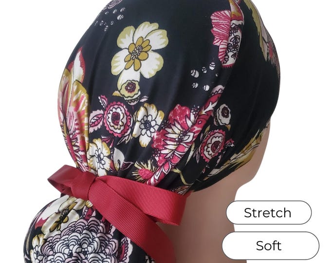 Stretch Ponytail Scrub Cap: black floral print adjustable surgical hat