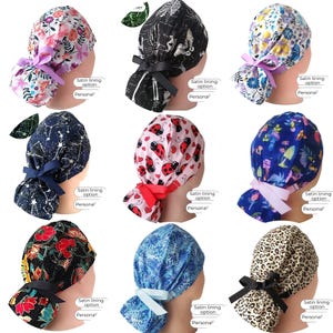 May include: A collection of nine scrub caps featuring various patterns including floral, ladybug, leopard print, celestial, and skeletal designs. Each cap includes a ribbon tie at the back and a text label indicating a satin lining option.