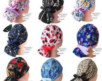 Ponytail Scrub Cap with Satin, Buttons and Personalization option