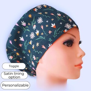Teal Floral Euro Scrub Cap Satin Lined option Personalizable Surgical Hat for Women