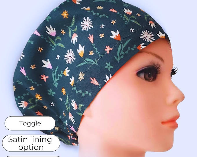 Teal Floral Euro Scrub Cap Satin Lined option Personalizable Surgical Hat for Women