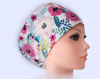 Pink Floral Euro Scrub Cap: Satin Lined, Personalized Cotton Surgical Hat
