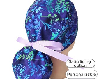 Gorro quirúrgico con cola de caballo - Gorro quirúrgico - Opción de forro de satén - Azul lavanda -