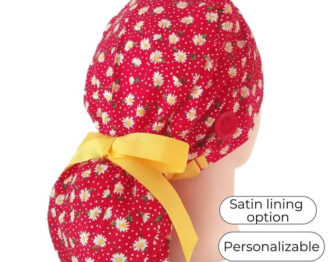 Ponytail Surgical Cap - Satin Lined, Daisy Pattern, Adjustable