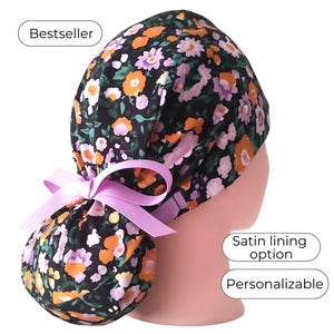 Ponytail Scrub Cap - Floral Surgical Cap Buttons, Satin Lined Options - FifthCraftyStreet