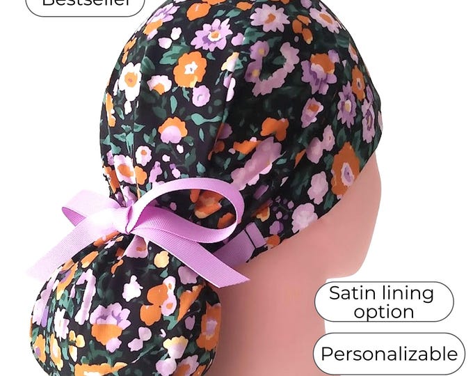 Ponytail Scrub Cap - Floral Surgical Cap Buttons, Satin Lined Options - FifthCraftyStreet