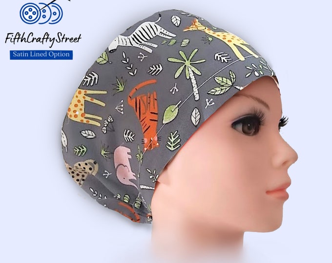 Gray Euro Scrub Caps - Satin Lined option - Adjustable - wildlife - FifthCraftyStreet