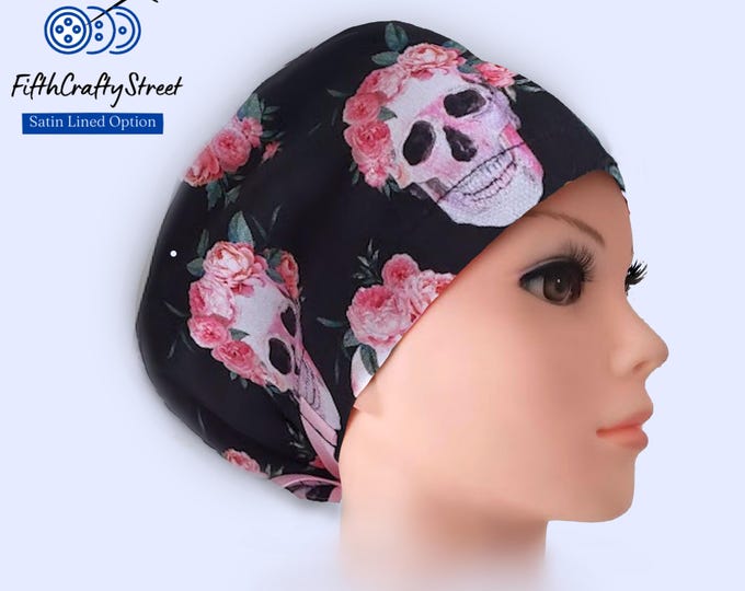 Euro Scrub Caps - Adjustable - Satin Lining option - Skeleton Skull with Roses - FifthCraftyStreet