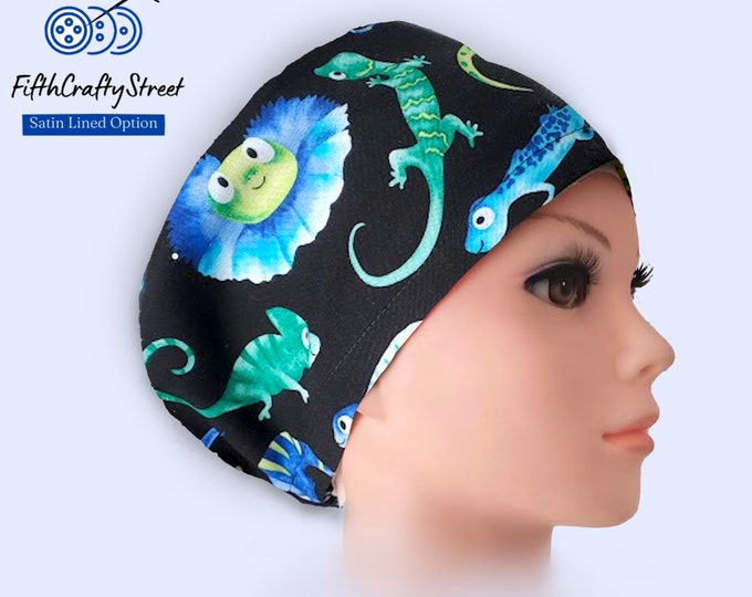 Euro Style Scrub Cap - Adjustable - Satin Lining option - Lizards - FifthCraftyStreet