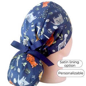 Wild Animals Ponytail Scrub Cap - Surgical Cap Satin Lined Option - FifthCraftyStreet