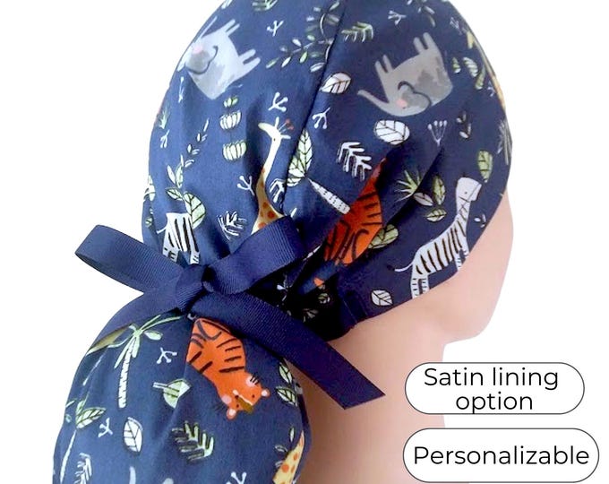Wild Animals Ponytail Scrub Cap - Surgical Cap Satin Lined Option - FifthCraftyStreet