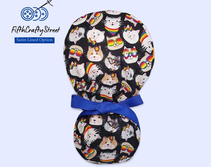 Ponytail Scrub Cap for Women - Surgical Cap - with Silky Satin Lining Option - Rainbow Cats - FifthCraftyStreet