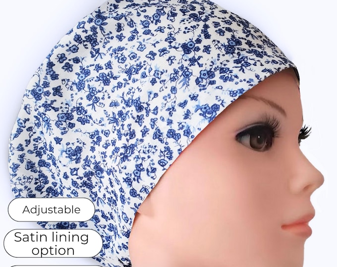 Euro Scrub Cap for Nurses – Blue Flowers | Adjustable Toggle | Optional Satin Lining
