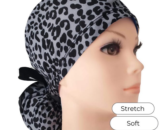 Stretch Ponytail Scrub Cap Animal Gray Print Adjustable Scrub Hat Medical Hair Cover