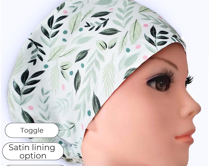 Leaf Print Euro Scrub Cap – Adjustable, Optional Satin Lining and Buttons