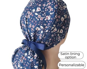 Ponytail Scrub Cap - Surgical Cap - Blue Floral - Lightweight Cotton - Silky Satin Lined Option -