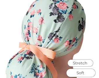Stretch Ponytail Scrub Cap: mint floral print adjustable nurse hat