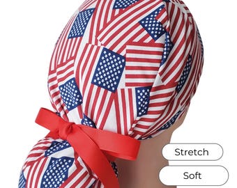 Knit Cotton Ponytail Scrub Cap: patriotic flag print adjustable scrub hat medical hair cover