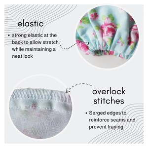 The image is a collage of two images, one showing a fabric with a floral pattern and the other showing a fabric with a stretchy elastic back. The text provides information about the features of the fabrics, such as the elasticity and the presence of overlock stitches.