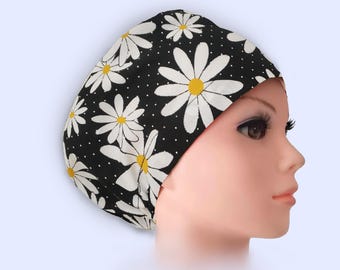 Euro Scrub Cap Satin Lined  Option Personalize Scrub Hat for Women : Black Daisy Floral