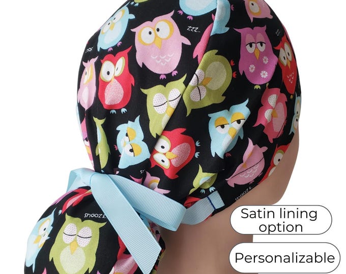 Owl Print Ponytail Scrub Cap Satin Lined Personalized option Surgical Scrub Hat