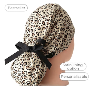 Animal Print Ponytail Scrub Cap for Women - Surgical Cap, Nurse Hat Satin Lined Options -