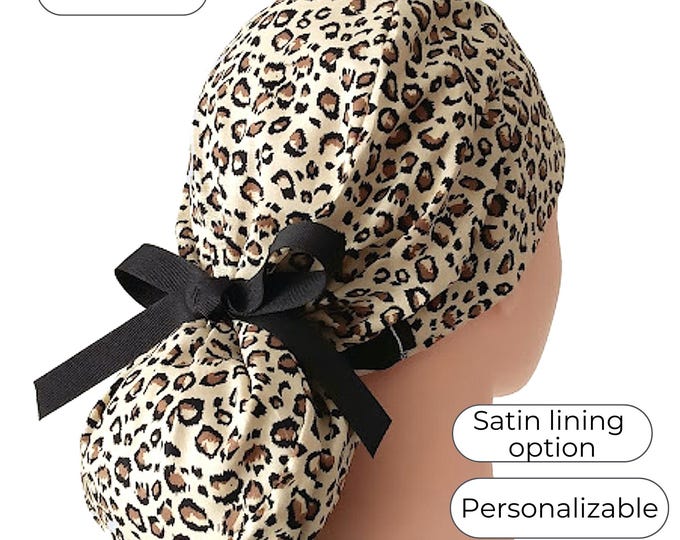 Animal Print Ponytail Scrub Cap for Women - Surgical Cap, Nurse Hat Satin Lined Options - FifthCraftyStreet