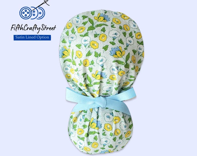 Ponytail Scrub Cap for Women - Blossom Floral Surgical Cap Satin Lined Option - FifthCraftyStreet