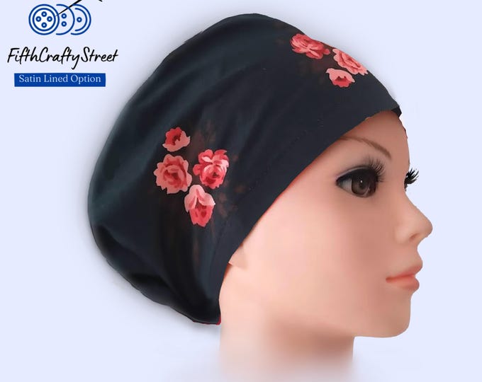 Euro Scrub Caps - Adjustable - Satin Lined option - Roses - Floral - FifthCraftyStreet