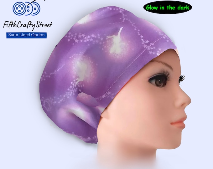 Surgical Scrub Caps - Glow Pixies purple - Satin Lining option - FifthCraftyStreet