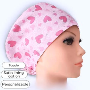 Euro Style Scrub Cap, Pink Heart Glitter, Adjustable, Satin Lining Option, Personalizable