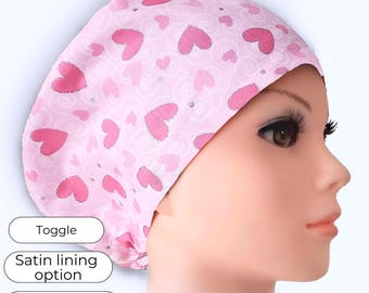 Euro Style Scrub Cap, Pink Heart Glitter, Adjustable, Satin Lining Option, Personalizable