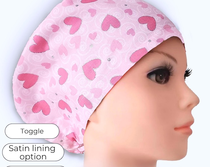 Euro Style Scrub Cap, Pink Heart Glitter, Adjustable, Satin Lining Option, Personalizable