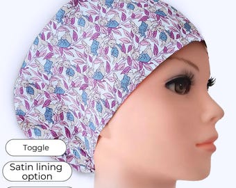 Bunny Print Euro Scrub Cap, Adjustable Nurse Hat with Satin Lining