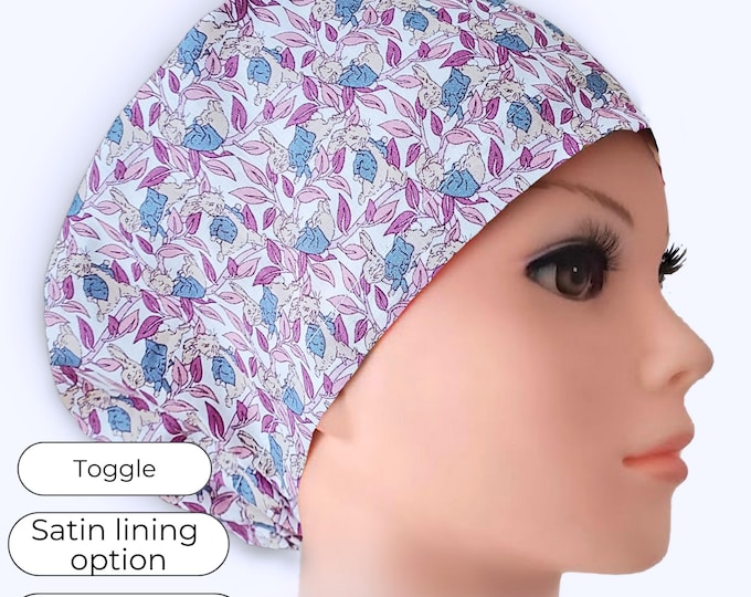 Bunny Print Euro Scrub Cap, Adjustable Nurse Hat with Satin Lining