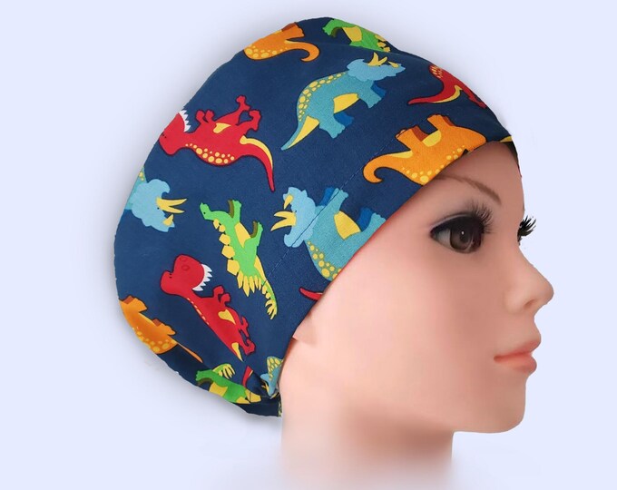 Euro Scrub Cap Satin Lined Personalized Scrub Hat for Women : Colorful Dinosaur Print