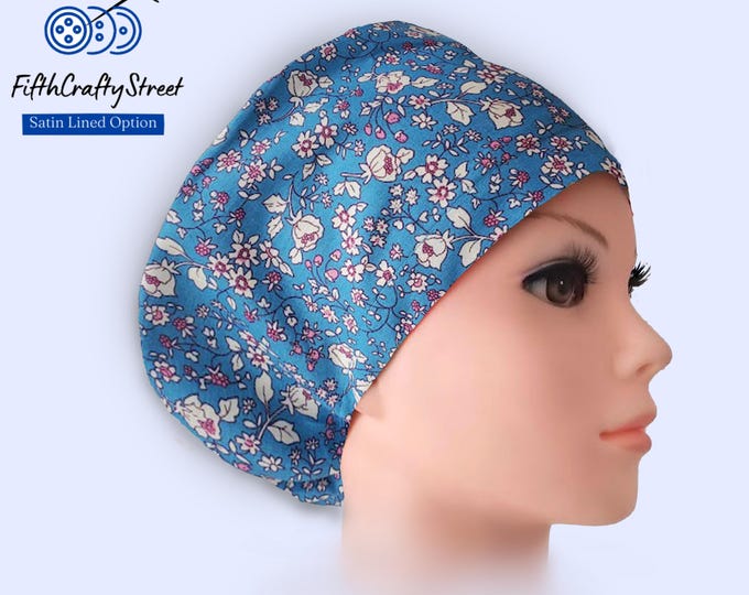 Floral blue Euro Scrub Caps - Adjustable - Satin Lining option - FifthCraftyStreet