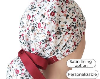 Red Floral Ponytail Scrub Cap for Women: Satin and Personalization Option