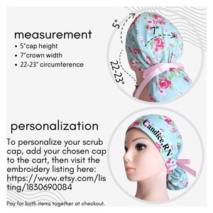 The image is a collage of two photos showing a mannequin head wearing a blue floral cap and a personalized cap. The caption provides information about the cap, including its measurements and the option to personalize it.