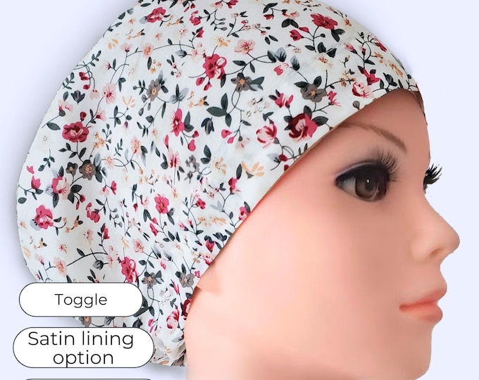 Red Floral Euro Scrub Cap Satin Lined Surgical Hat for Nurses