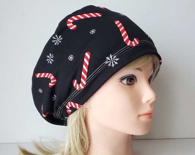 stretchy scrub cup, surgical euro hat, Black Candy Cane Christmas - FifthCraftyStreet