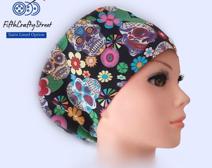 Euro Scrub Caps - Adjustable - Satin Lining option - Day of the Dead - Sugar Skull -