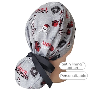 Gorro quirúrgico navideño con cola de caballo para mujer - Gorro quirúrgico con forro de satén sedoso opcional