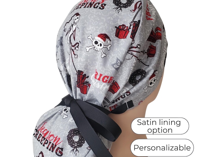 Halloween Ponytail Scrub Cap for Women - Surgical Cap with Silky Satin Lining