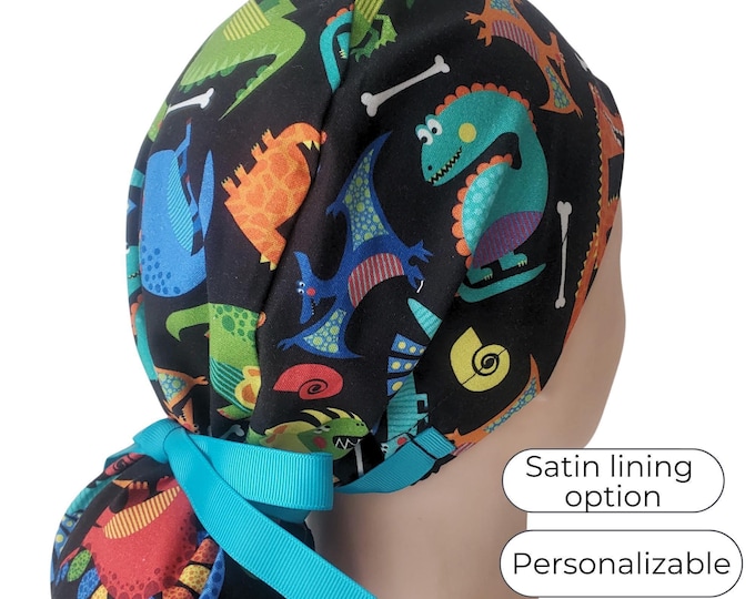 Dinosaur Ponytail Scrub Cap: Satin Lined Surgical Hat for Women