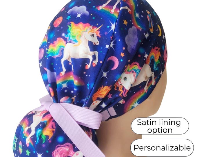 Ponytail Scrub Cap in Magical Unicorn Print: Satin lining, Butons, Embroidery option