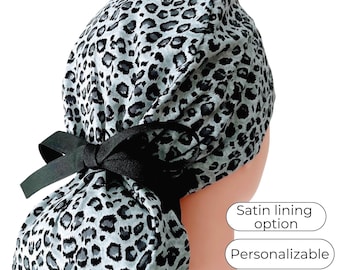 animal print gray Ponytail Scrub Cap for Women - Surgical Cap Satin Lined Option -