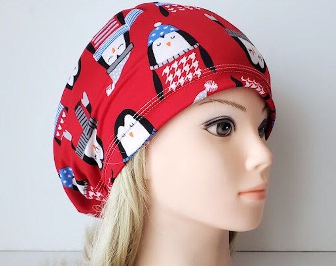 stretchy scrub cup, surgical euro hat, Red Penguin Christmas - FifthCraftyStreet