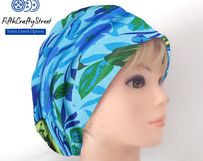 Stretchy Scrub Caps - Surgical Euro Scrub Cap - Floral Blue - FifthCraftyStreet